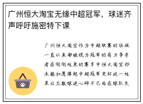 广州恒大淘宝无缘中超冠军，球迷齐声呼吁施密特下课